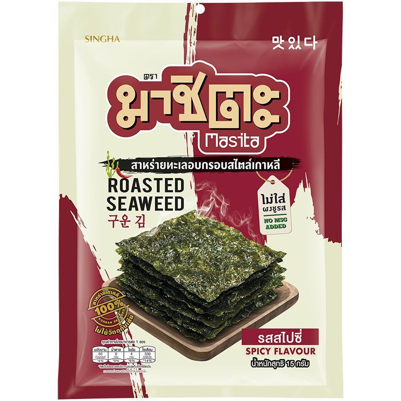 มาซิตะสาหร่ายอบสไตส์เกาหลีรสสไปซี่ 12กรัม Masita Seaweed Roasted Korean Style Spicy 12g.