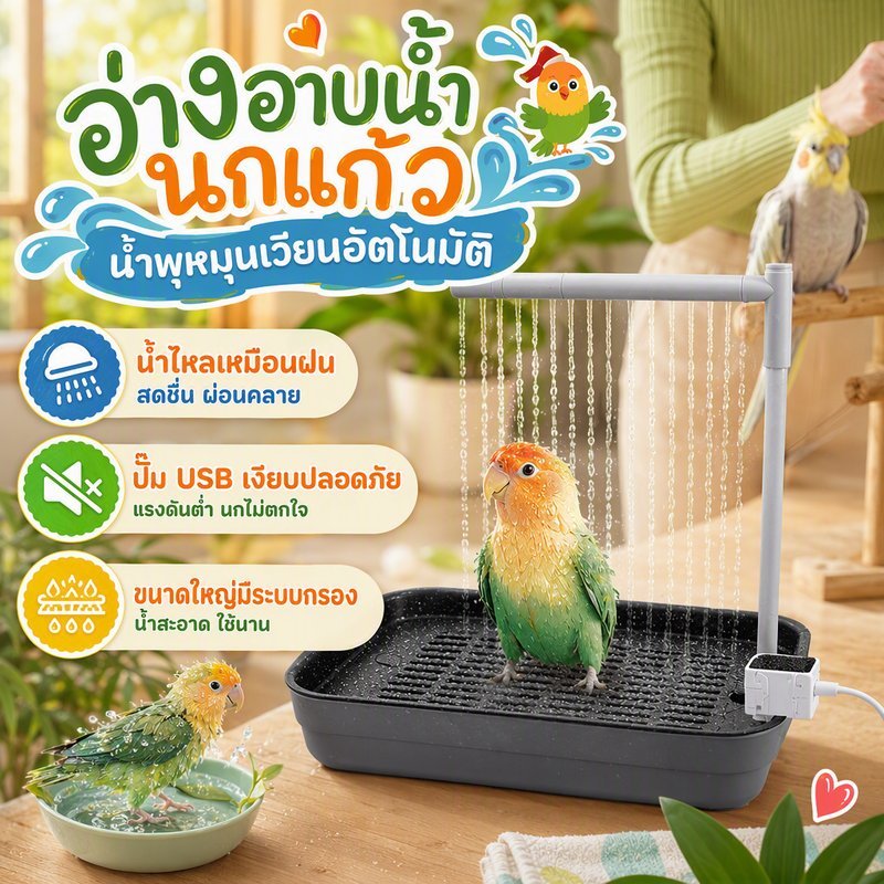 อ่างอาบน้ำ นกแก้ว น้ำพุ อัตโนมัติ USB น้ำไหลเวียน แบบฝนตก เงียบปลอดภัย มี 2 ขนาด (ใหญ่มีกรอง)