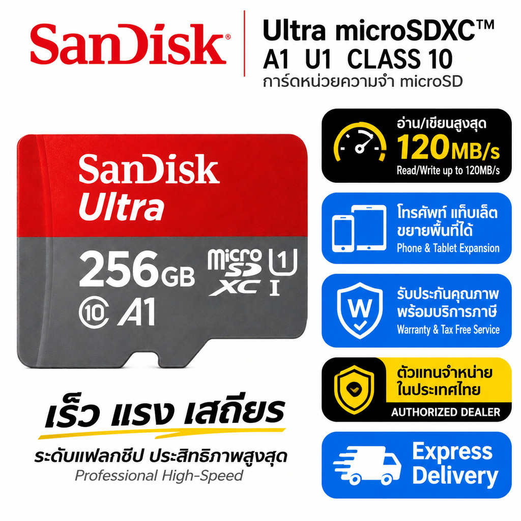 SanDisk Ultra Micro SD การ์ด 128GB ความเร็ว 140MB/s, 256GB ,512GB Class10 A1Speed 150MB/s SDXC (SDSQUAC) UHS-1 C10 U1