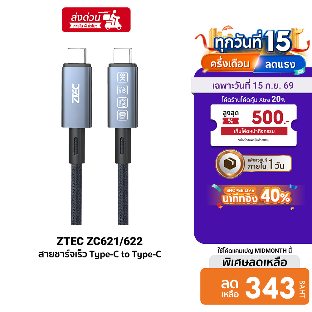 ZTEC ZC621 / ZC622 สายชาร์จไนลอนถัก 240W USB-C to USB-C Thunder 4/3,USB 4 รองรับการเชื่อมต่อภาพ 8K-2