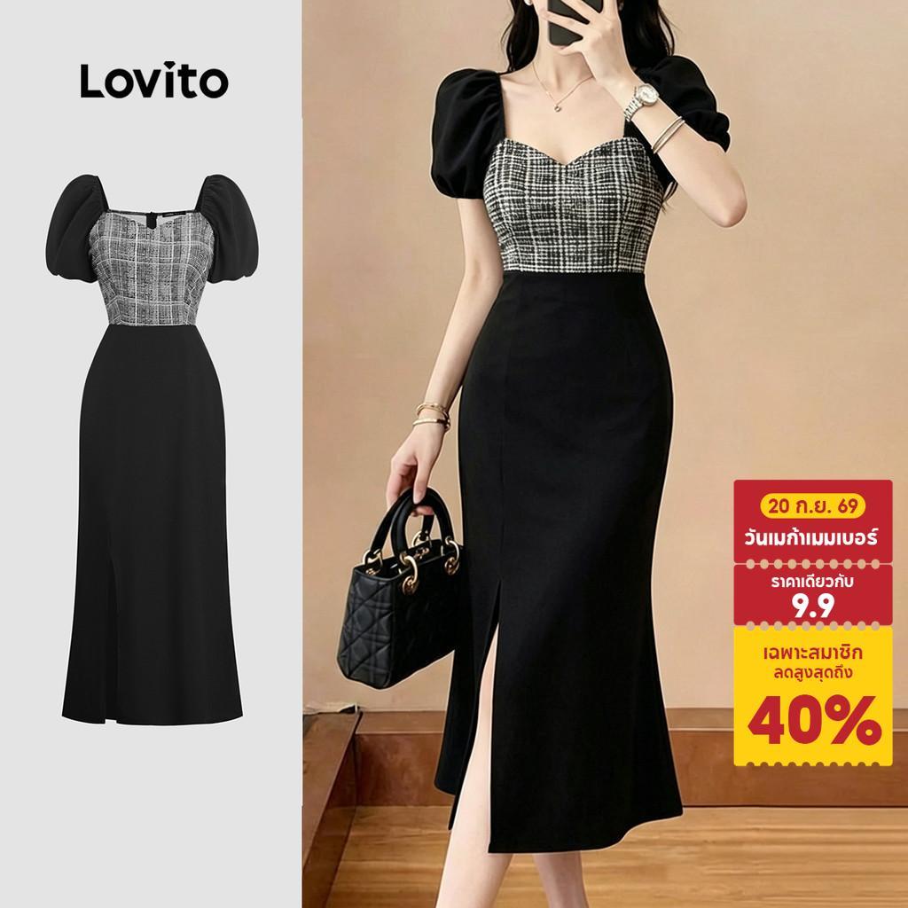 Lovito เดรสสีดำสำหรับผู้หญิง ดีไซน์หรูหรา เหมาะสำหรับใส่ทำงาน ใส่ลำลอง หรือใส่ในฤดูใบไม้ผลิ/ฤดูร้อน เดรสสีตัดกันสวยงาม LK5ED428