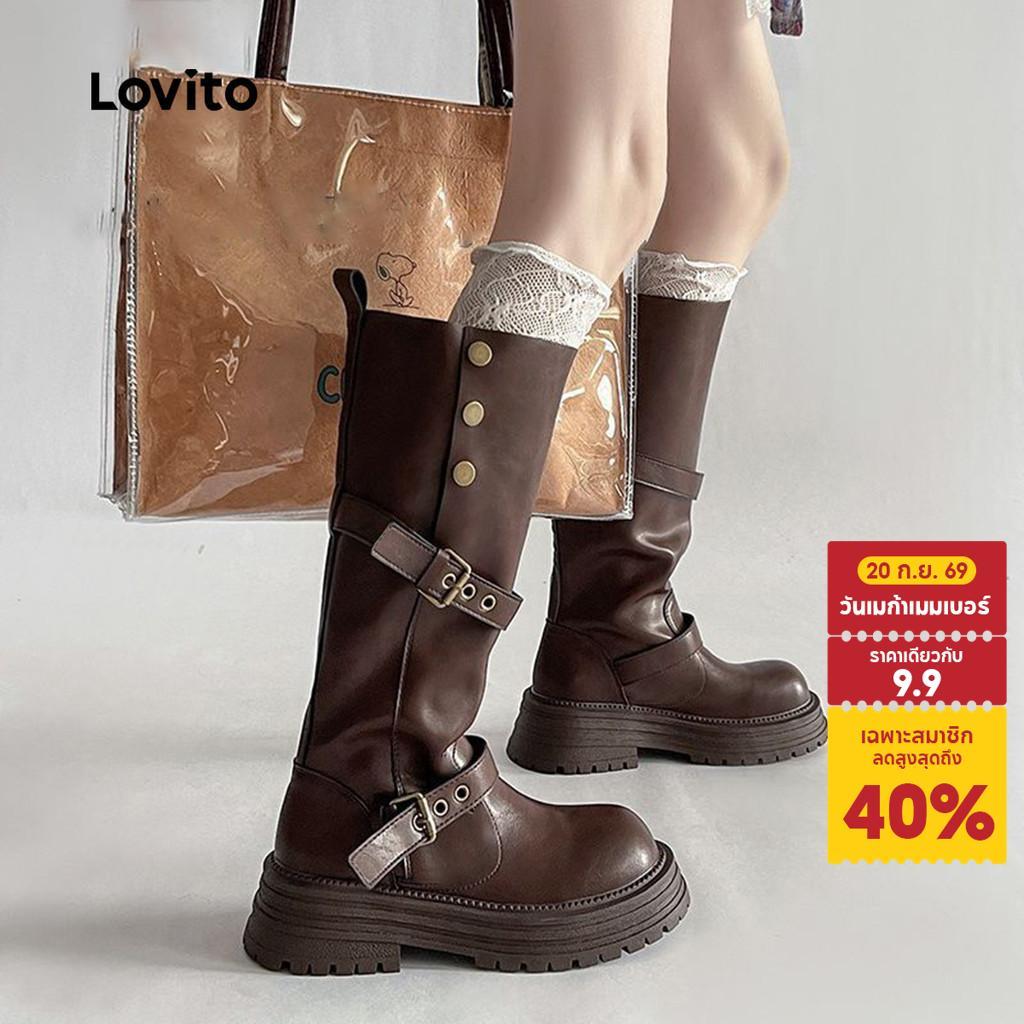 Lovito รองเท้าบูทส้นสูงแบบลำลองสไตล์เกาหลีสำหรับผู้หญิง LFA97043