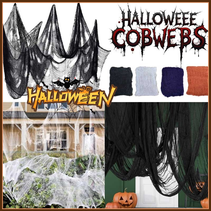 จัดส่งทันที🎃สยองขวัญฮาโลวีน Spider Web Decor ผ้ากอซสีดํา Cobwebs ประดิษฐ์น่ากลัว Haunted House Party ตกแต่งบ้านฉาก Prop