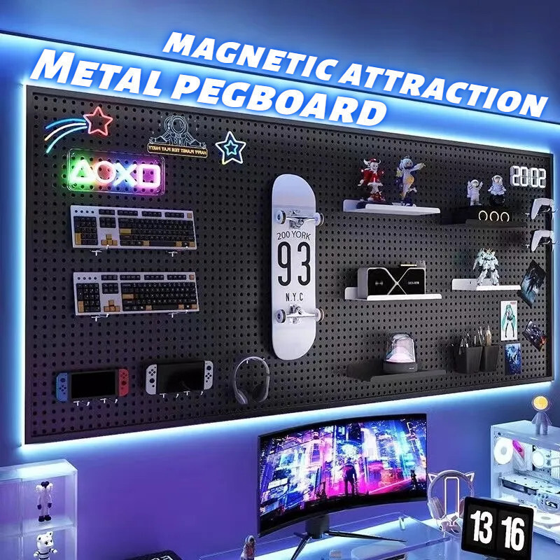 Magnetic Attraction โลหะ Pegboard ขนาดใหญ่ Wall Pegboard หลุมหนา Hook Peg Board Storage RackHT99 ZXN