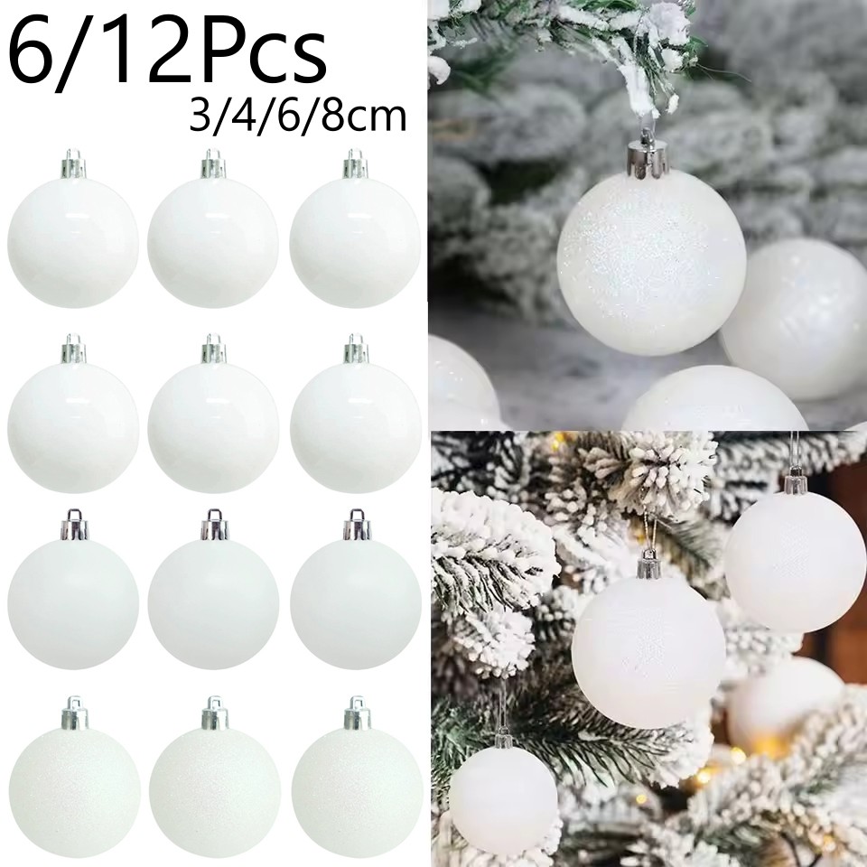 6/12PCSแขวนเครื่องประดับลูกบอลคริสต์มาสสีขาวลูกบอลคริสต์มาสสีขาวปีใหม่ตกแต่งต้นคริสต์มาส