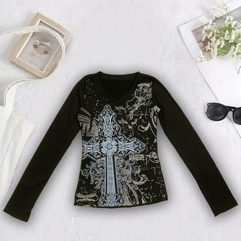 Y2K Gothic สีดําพิมพ์ผู้หญิง retro ฤดูใบไม้ผลิ V คอยาวเอว slimming top