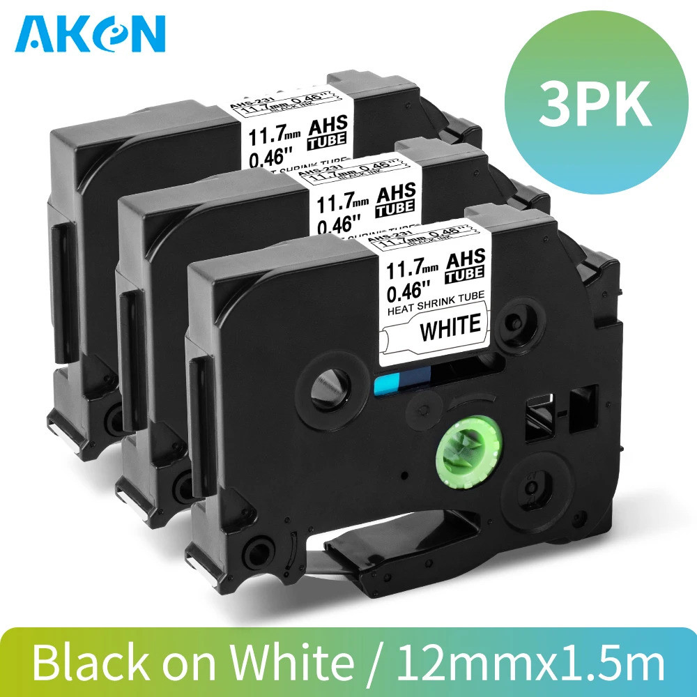 3pk AHS-231 ความร้อนหดหลอดป้ายเทป HSe-231 12 มม.สีดําบนสีขาวสําหรับ Brother P-touch เครื่องพิมพ์ & E
