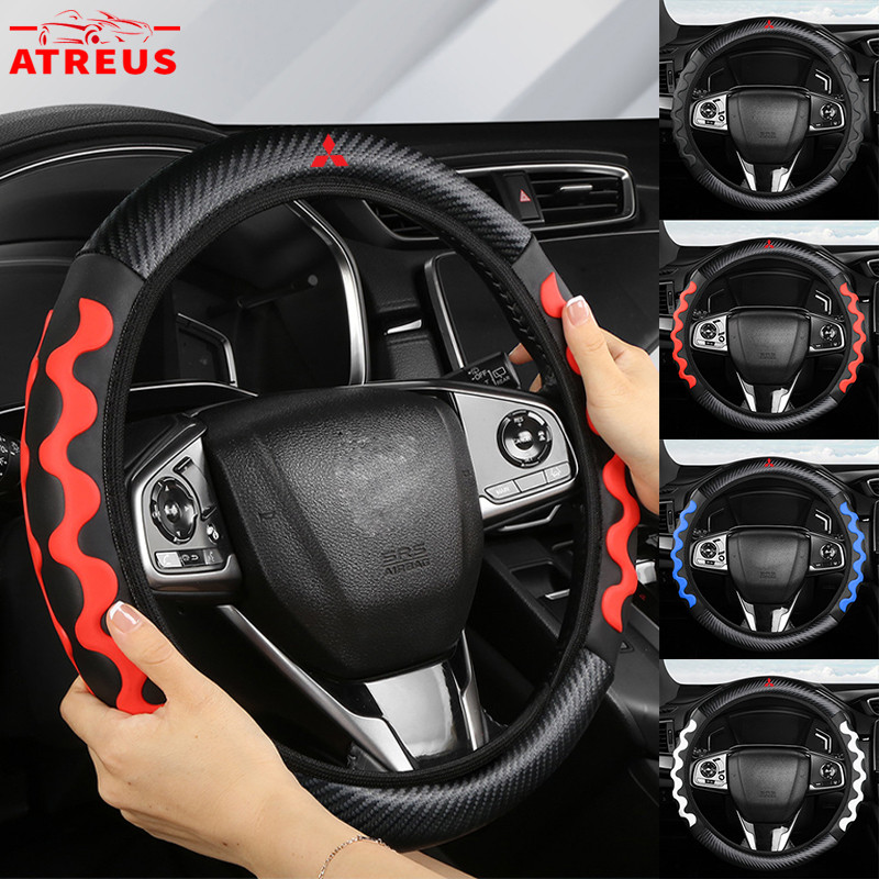 Mitsubishi ปลอกหุ้มพวงมาลัยหนังนุ่ม 38 ซม. กับ ซิลิโคน ป้องกันลื่น หนังนุ่มสบายมือ ปลอกหุ้มพวงมาลัยรถยนต์ สำหรับ Mitsubishi Lancer EX Triton Xforce Xpander Cross Attrage Mirage Outlander Pajero Sport ASX