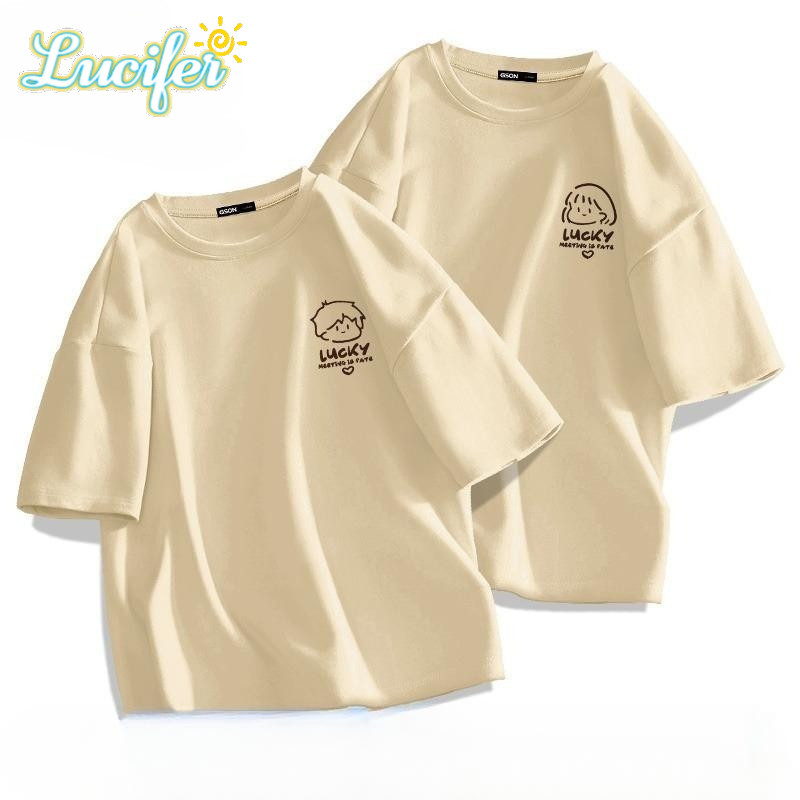 Lucifer (จัดส่งตลอด 24 ชั่วโมง) เกาหลี oversize คอกลม เสื้อยืด CMDXY0017 ผ่อน ผ้าคอตตอน ลายสกรีน ฤดูร้อน สบาย