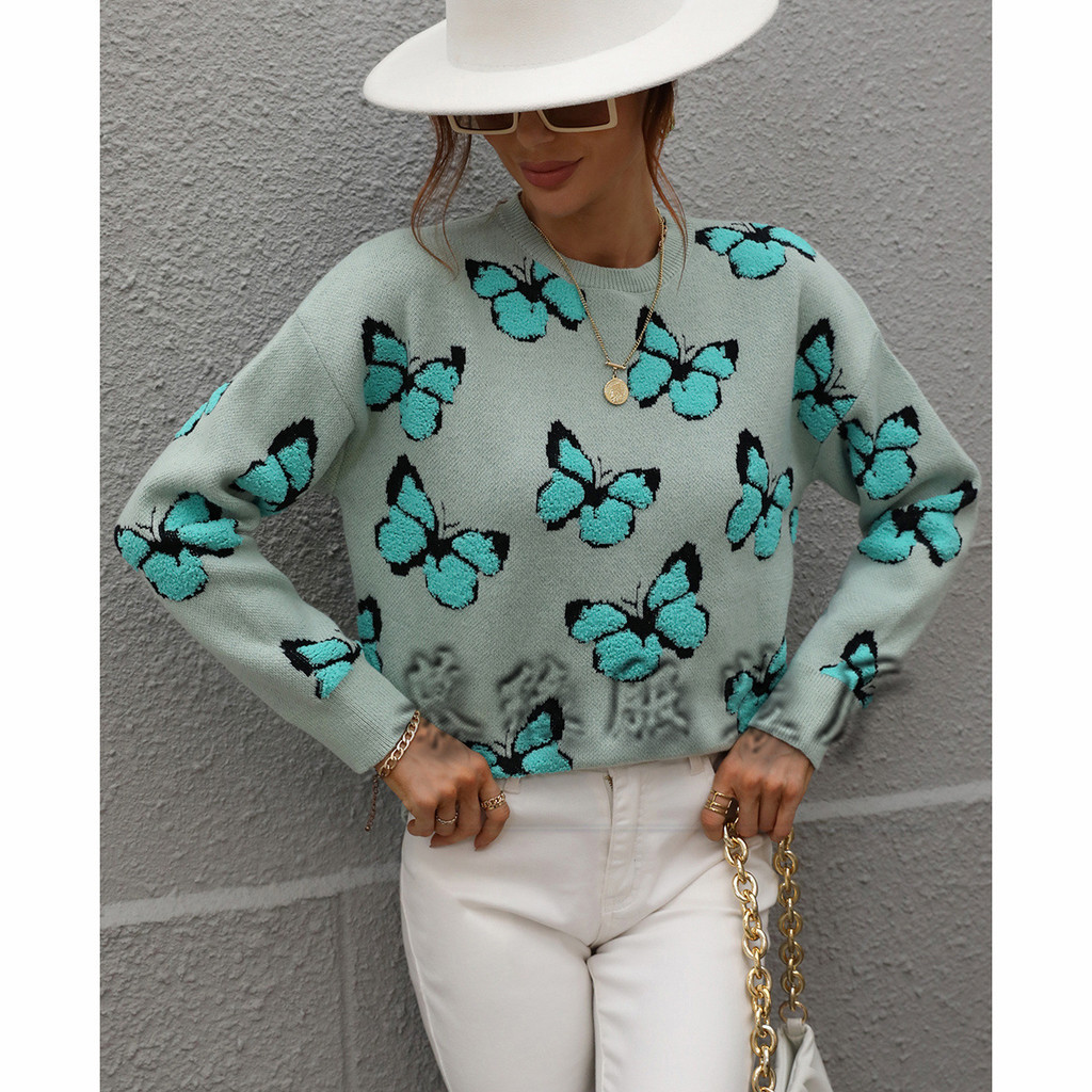 aiiz cardigan เสื้อสเวตเตอร์ถักคอกลมสำหรับผู้หญิง 2022ฤดูหนาวยุโรปและอเมริกาพิมพ์ลายผีเสื้อคอกลมการค