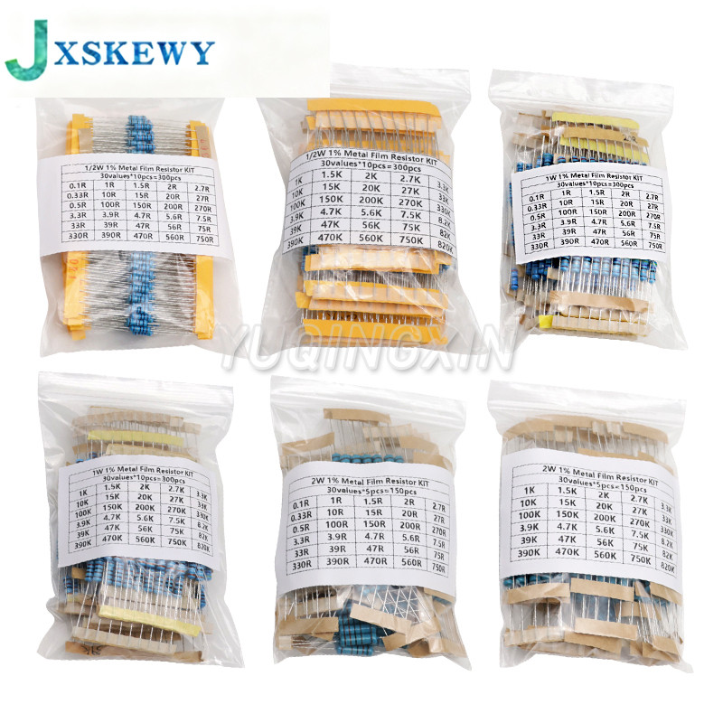 150PCS 300PCS 1/2W 1W 2W 3W ความต้านทาน 1% โลหะฟิล์ม Resistor Assortment Kit ชุด 30 ค่าแต่ละ 5/10PCS