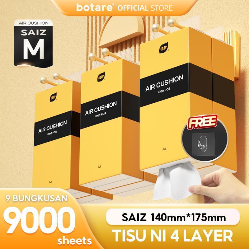 9PCSBotare AIR-cushion cheerful Soft Deluxe Tissue 4 ชั้น 1000 ชิ้น 140x175 มม. 9 แพ็ค