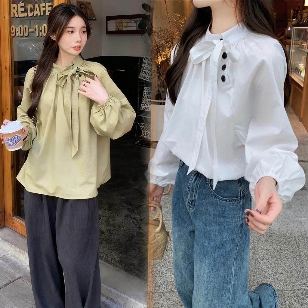 Chili Koko เสื้อเชิ้ตคอตั้งผูกโบว์ผู้หญิง แขนโคมไฟ แขนยาว หลวม เสื้อเชิ้ต 99237