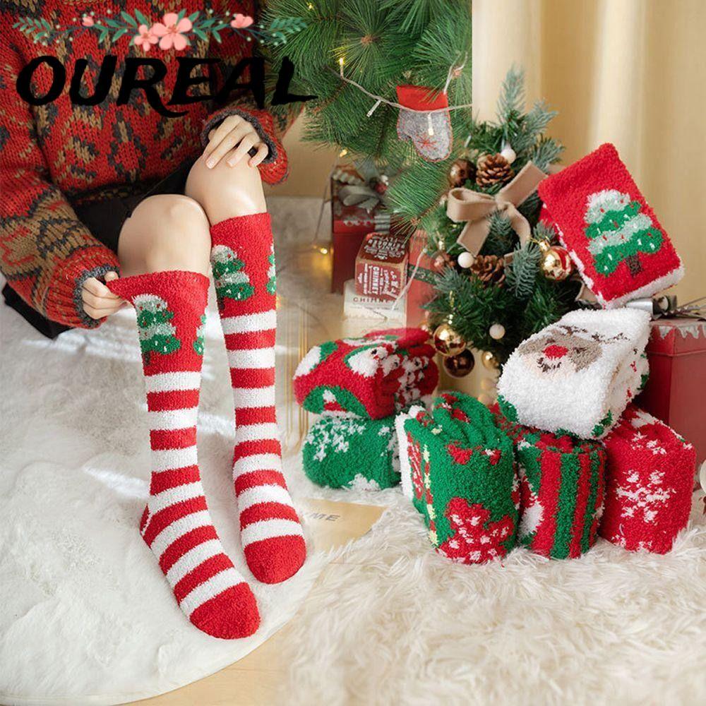 ถุงเท้าคริสต์มาสนุ่มๆ ออกแบบการ์ตูน กวางเอลก์และซานตาคลอส อบอุ่นในฤดูหนาว