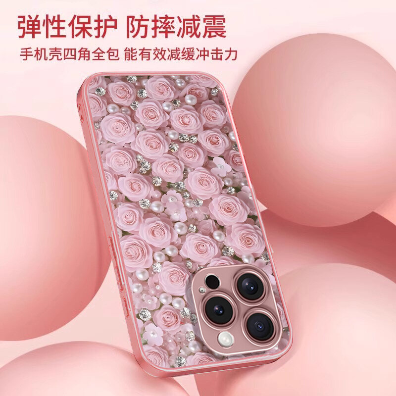 สําหรับ Samsung Galaxy S25Ultra,S24Ultra,S23,A56 A55 เคสโทรศัพท์ Hard Liquid Glass ปลอกสายคล้องมือเพชร rose รูปแบบน่ารัก A34 A14 A53 A52 S22Ultra S23FE - รูปที่ 3