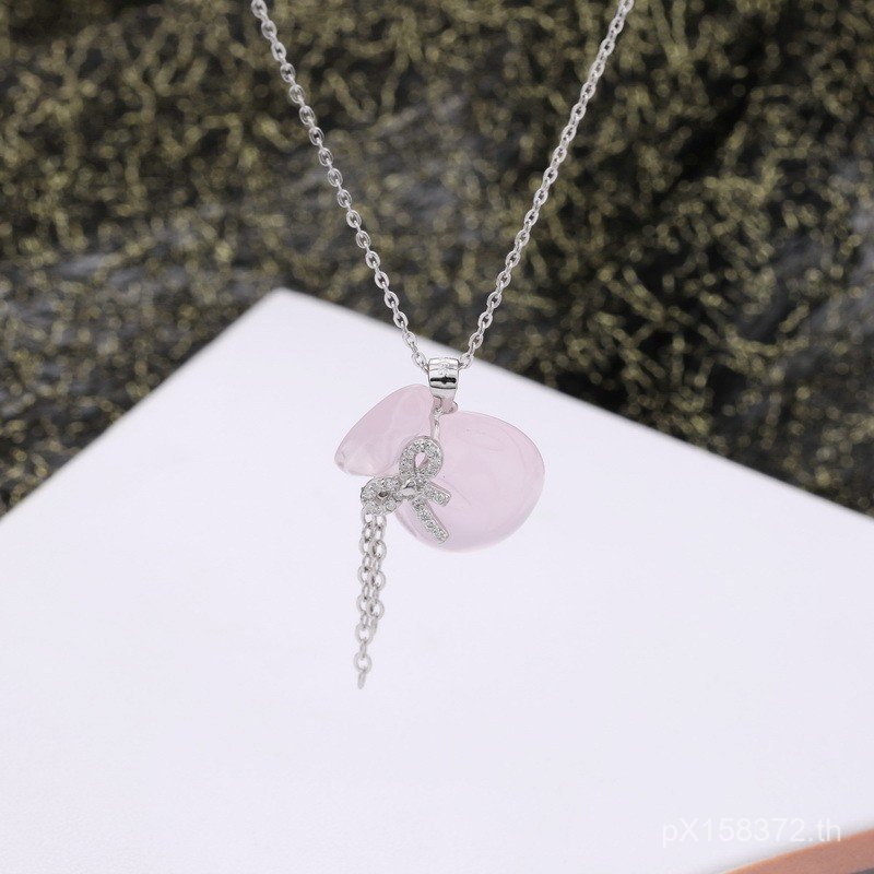 กระเป๋าเงิน แฟชั่นพู่ Lucky กระเป๋า S925 สร้อยคอเงิน All-Match คริสตัลสีชมพู Bow Simple Clavicle Cha