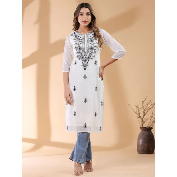 สีขาว Georgette Sobar ด้ายปัก Punjabi ตรงเฉพาะด้านบนพร้อมซับ [ชุดอินเดีย]