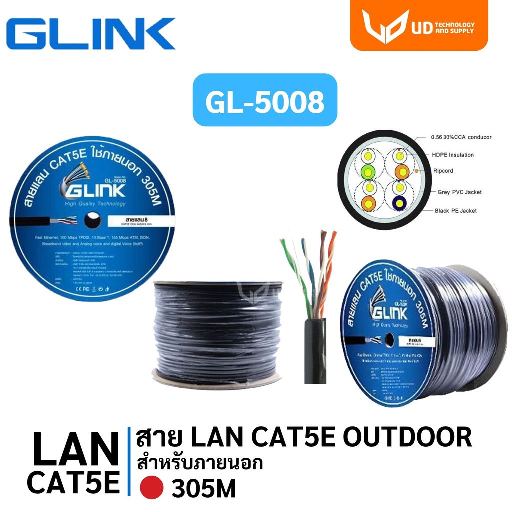 Glink สายแลน  CAT5e UTP Cable GL5008 / GL-5008 (305m./Box) สำหรับใช้ภายนอก สายสีดำ พร้อมส่ง