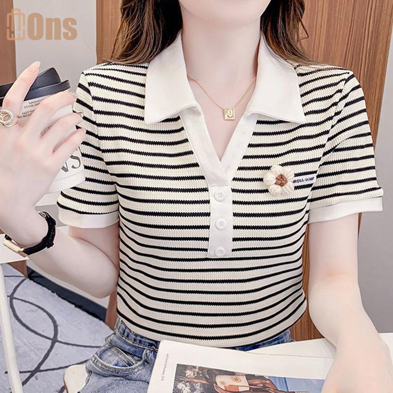 เสื้อยืดผู้หญิงแขนสั้น สไตล์สลิมฟิต คอลำลอง ลายใหม่