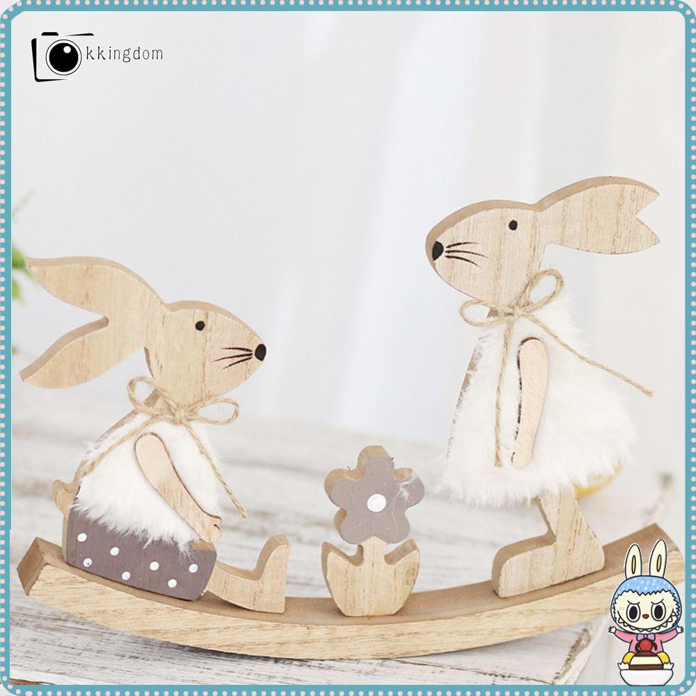 KKINGDOM อีสเตอร์แขวนจี้,ตกแต่งในครัวเรือน Easter Bunny Seesaw กระต่ายเครื่องประดับ,ไม้น่ารักทาสี Graffiti หัตถกรรม Happy Easter Party