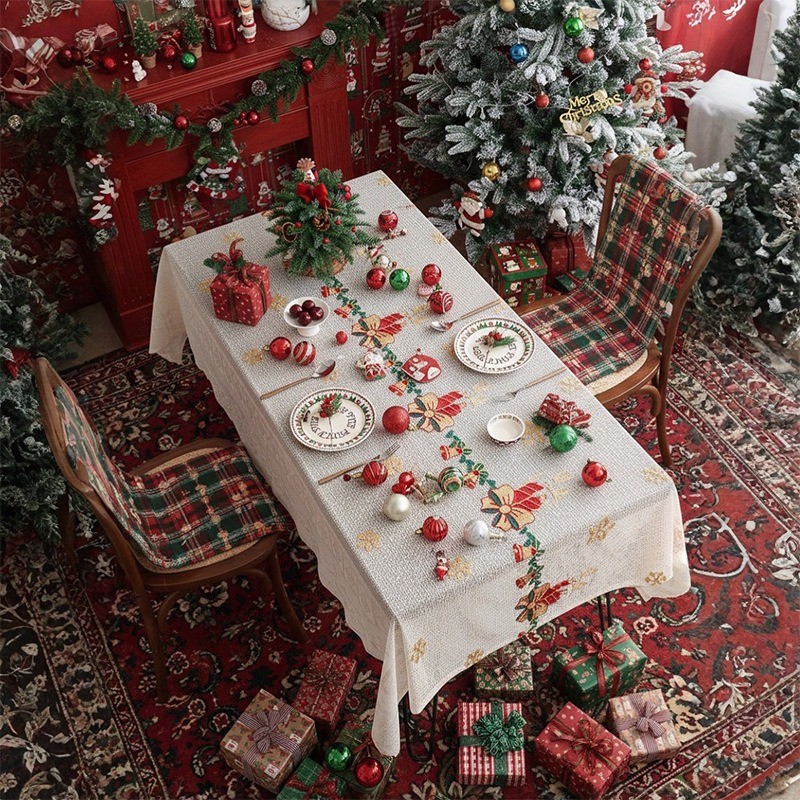 ผ้าปูโต๊ะคริสต์มาส ลูกไม้ สไตล์ฝรั่งเศส มีระฆัง&มนุษย์หิมะ สำหรับโต๊ะทานอาหาร ตกแต่งคริสต์มาส
