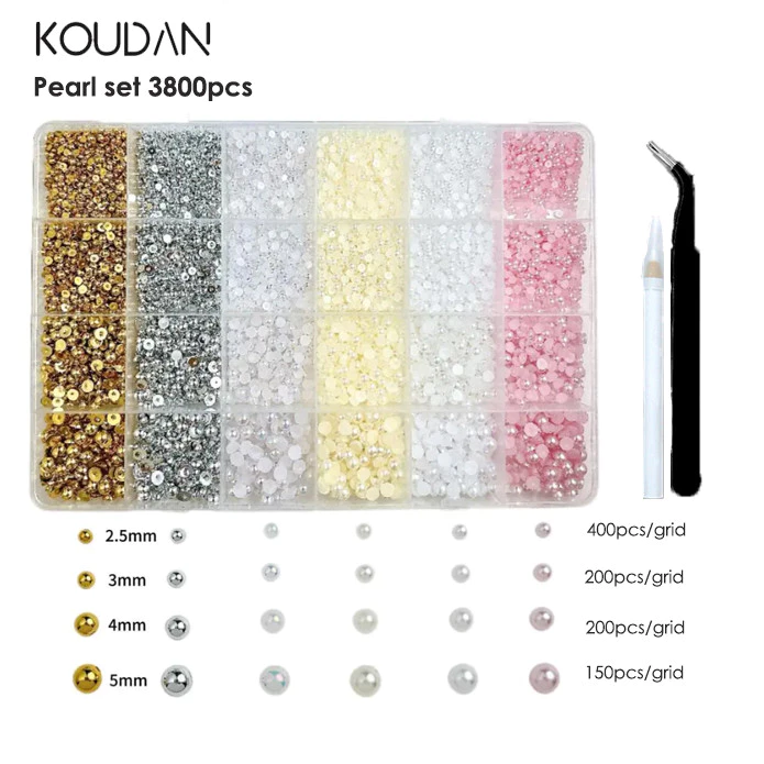 Nail Art สติ๊กเกอร์ติดเล็บอุปกรณ์ทําเล็บ DIY Pearl ความสว่างสูงผสม Mini ขนาด 24 ตารางครึ่งรอบ Beige สีชมพู ทองคําขาวเงิน KOUDAN