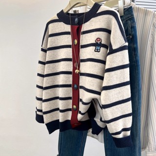 Dahong ❤ เสื้อแขนยาว เสื้อคลุมไหมพรม คอกลม ลายริ้ว ผ้าหนานุ่…