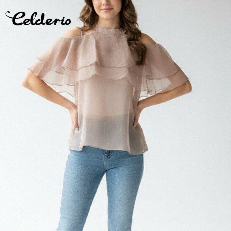 Celderio ผู้หญิงรอบคอปิดไหล่ Ruffle Design Plain Slim Casual Holiday Tops เสื้อ Lovito
