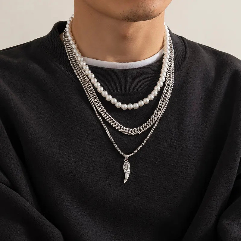 3Pcs/Set Punk Imitation-Pearl Cuban Thick Chunky Chain Necklace Goth Box Link Wings Pendant Choker G