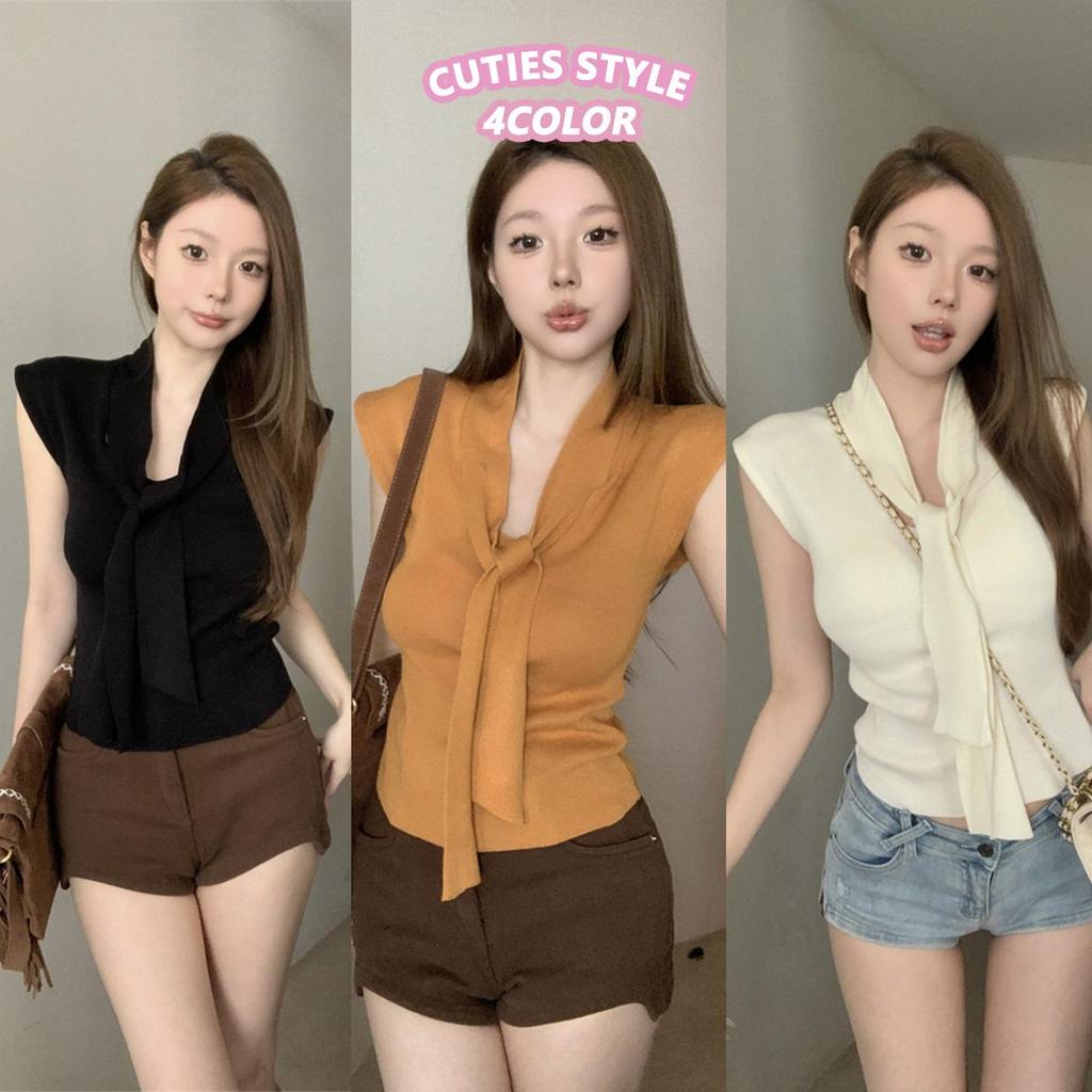 Anna Women‘s Knitwear เสื้อแขนสั้นผู้หญิงถักไหมน้ำแข็งคอวีสไตล์เกาหลีสำหรับฤดูร้อน D624