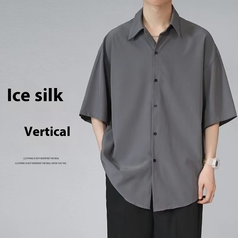 เสื้อเชิ้ตแขนสั้นสำหรับผู้ชาย ทำจากผ้าไหมน้ำแข็ง สวมใส่สบายและเย็น พร้อมด้วยการระบายอากาศที่ยอดเยี่ยม