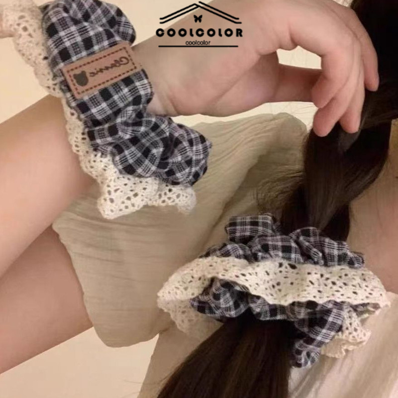 ในไทย💖ยางรัดผม ลูกไม้ หวานสไตล์เกาหลี ลายสก๊อต สีฟ้า ผมหางม้าความยืดหยุ่นสูง สําหรับนักเรียนหญิง เครื่องประดับผม.COD