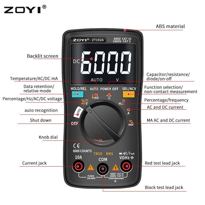 ZOYI มัลติมิเตอร์แบบดิจิตอล 6000 นับ Backlight AC/DC แอมป์มิเตอร์โวลต์มิเตอร์ Ohm ZT-98/100/101/102/