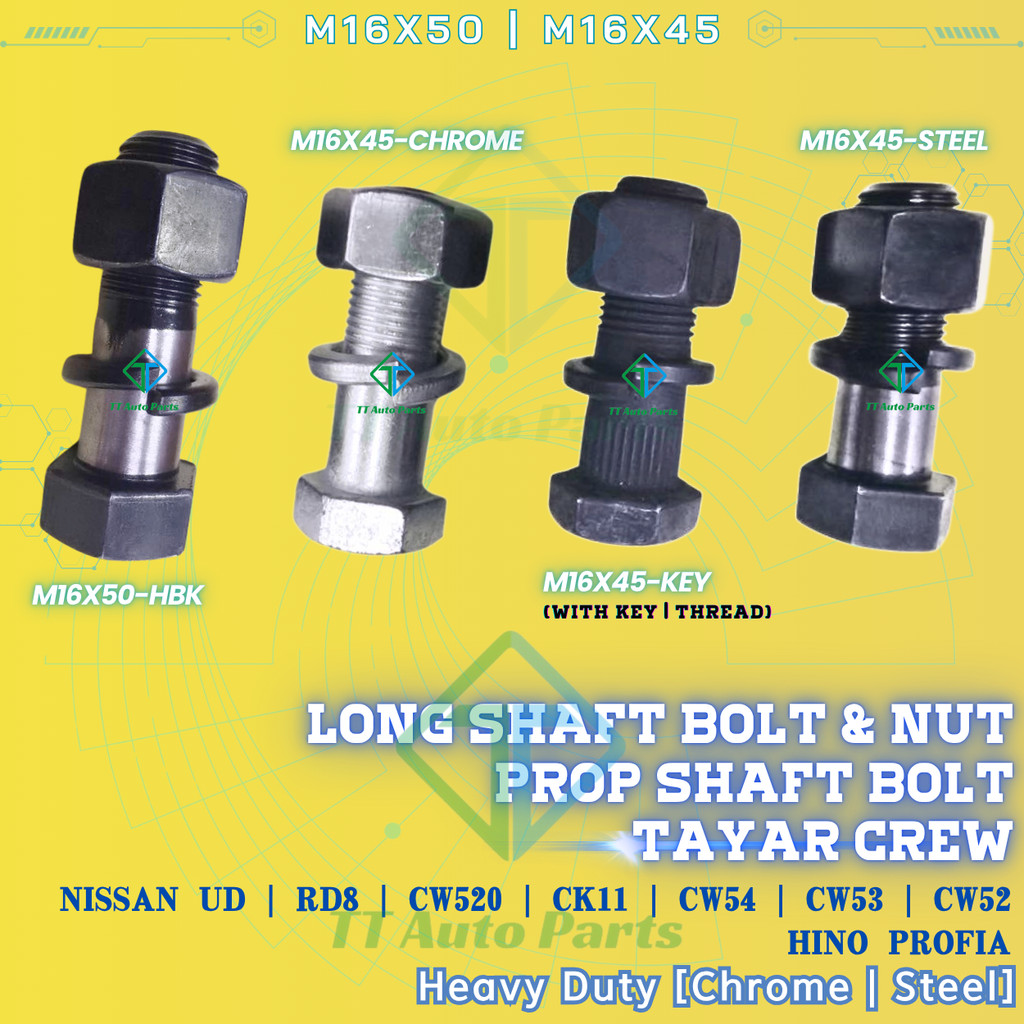 ยาวเพลา Bolt พร้อม Nut Prop Shaft Bolt M16X50 M16X45 Hino Profia Nissan UD RD8 CK11 CW54 CW53 CW52 C