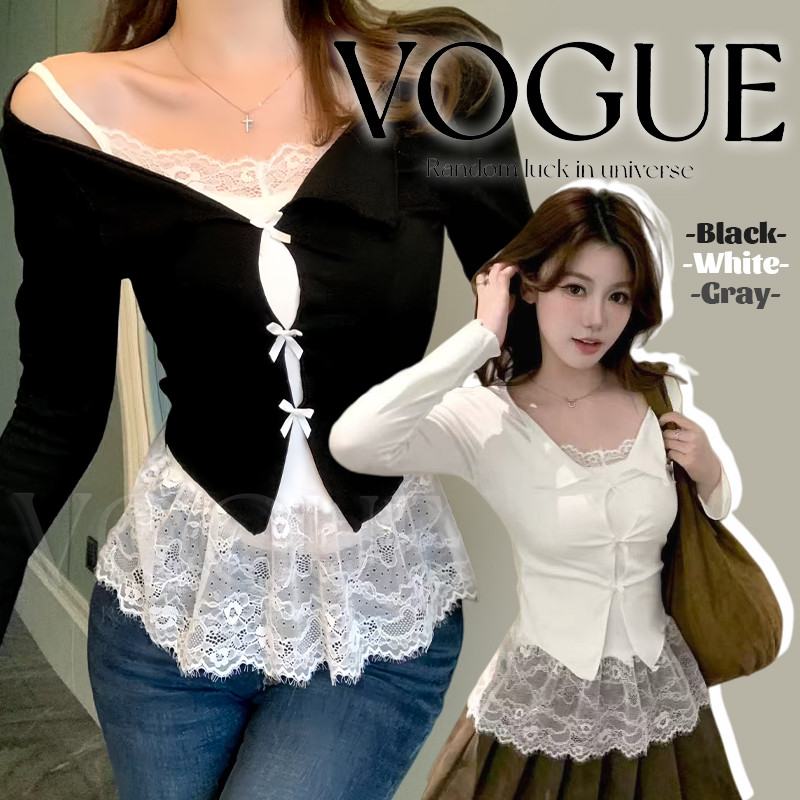 Vogue🌟พร้อมส่ง🌟 เสื้อแขนยาว คอวีแต่งลูกไม้ในตัว เสริมฟองน้ำ สีพื้นมินิมอล (FY5597)