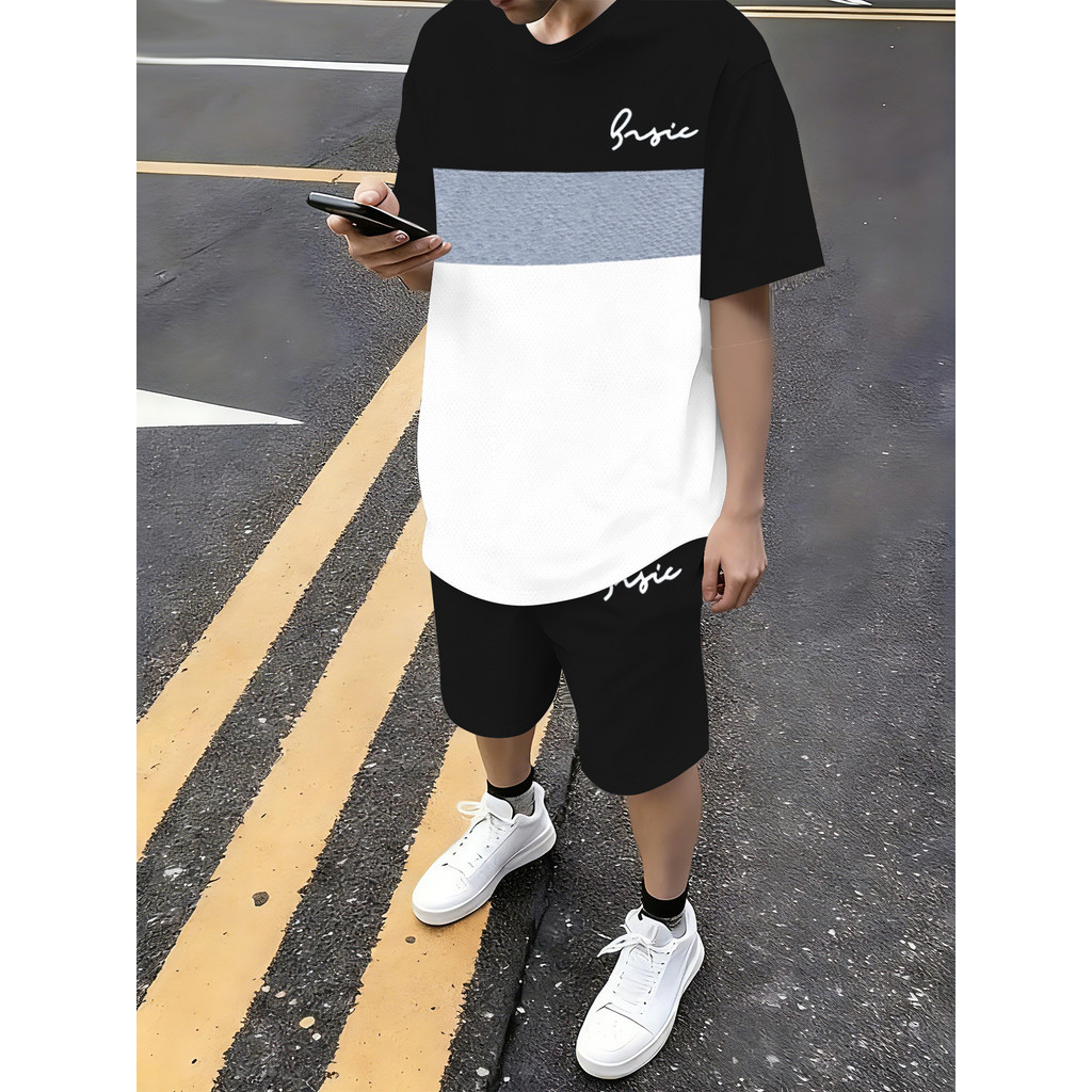 Teen Minimalist สีดําสีขาวสีเทา Letter Sport Print Tee & กางเกงขาสั้นหลวมชุดลําลองมีสไตล์สําหรับกิจก