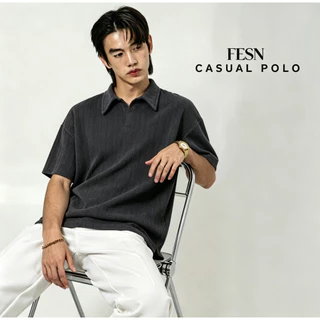 Textured Knit Polo Shirt ฤดูร้อนความรู้สึกระดับไฮเอนด์ คนพาล หล่อปกเสื้อโปโลแขนสั้นสีดําบริสุทธิ์