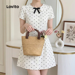 (New Arrival) Lovito เดรสลําลองผู้หญิงสีขาวงาช้าง ลายโบว์ สําหรับฤดูใบไม้ผลิ/ฤดูร้อน สีดำ เกาหลี อินเทรนด์ L200AD262