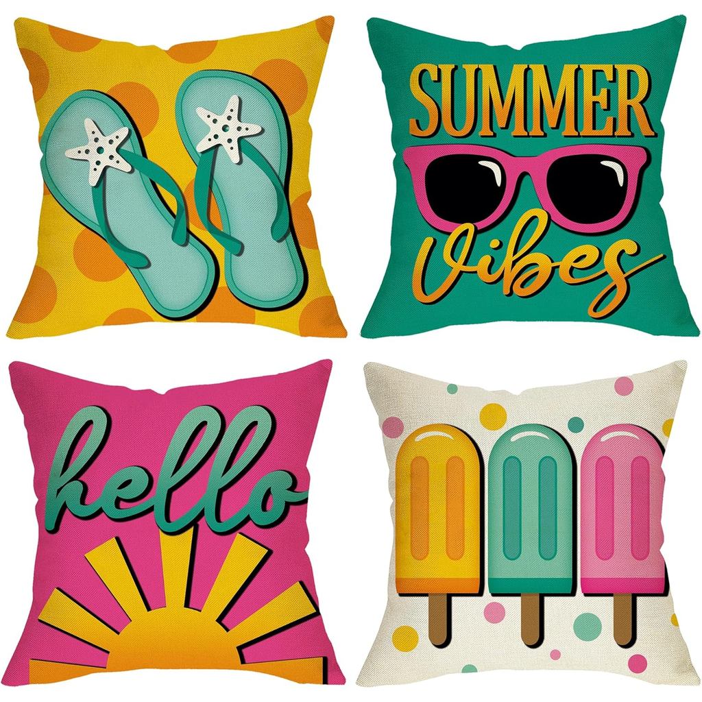 ฤดูร้อน Vibes ตกแต่งโยนหมอนครอบคลุม 18 x 18 ชุด 4, Hello Sun Sunshine Flip Flops ไอติมแว่นตากันแดด P