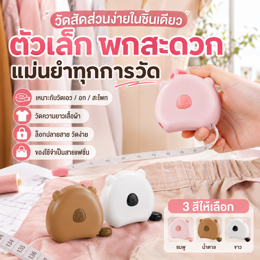 [รีวิวดี ] สายวัดสัดส่วนร่างกาย ตลับเมตรมินิอัตโนมัติ ลายหมีดึงลื่น พกพาสะดวก สำหรับวัดไซส์เสื้อผ้า มี3สี