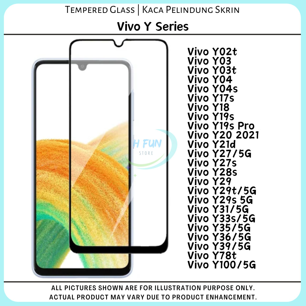กระจกนิรภัย Vivo Y02/03/04/17/18/19/20/7/28/29/31/33/35/36/39/78/100/s/t/d/5G Clear Screen Protector