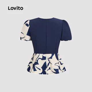 Lovito เสื้อเบลาส์ผ้าหรูหรา เย็บต่อกันด้วยรูปทรงเรขาคณิต สีกรมท่า สําหรับผู้หญิง ฤดูใบไม้ผลิ/ฤดูร้อน LK6ED277