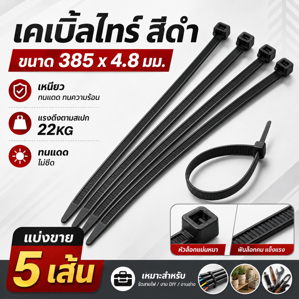 BANDEX เคเบิ้ลไทร์ สีดำ CT-385B-4C ขนาด 385×4.8 มม. 15 3/16 นิ้ว Nylon 66 แพ็ก 5 เส้น