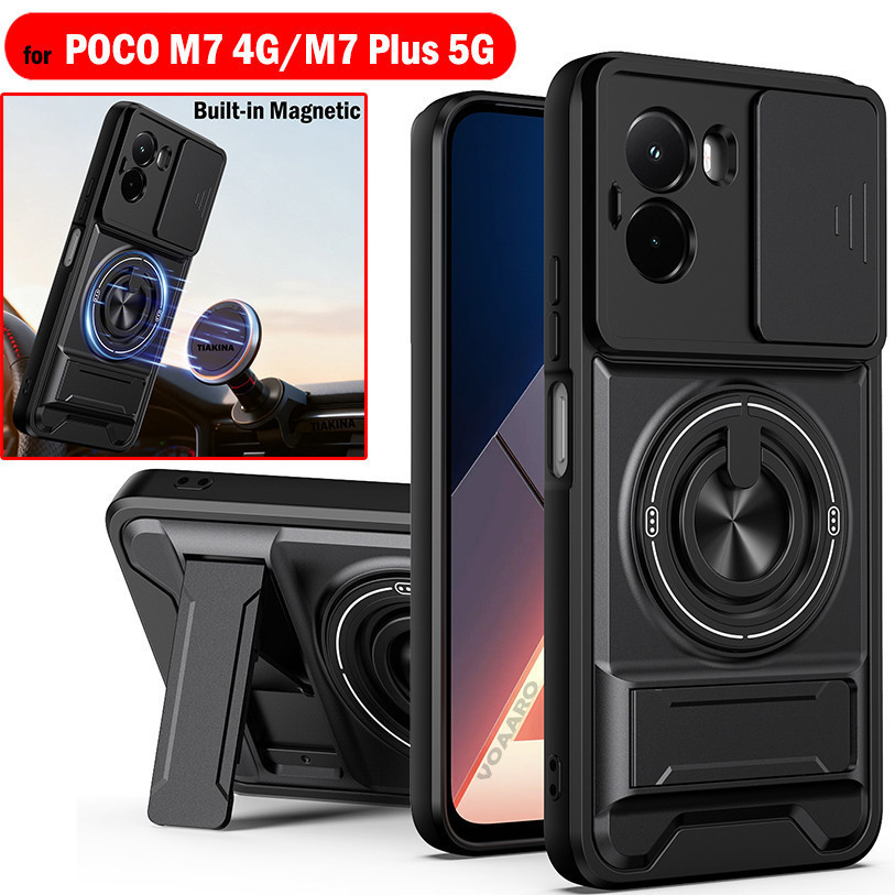 หมุนสไลด์เลนส์ Funda สําหรับ POCO M7 4G กรณีแหวนแม่เหล็กสําหรับ Xiaomi POCO M7 Plus 5G กรณีพับ Kicks