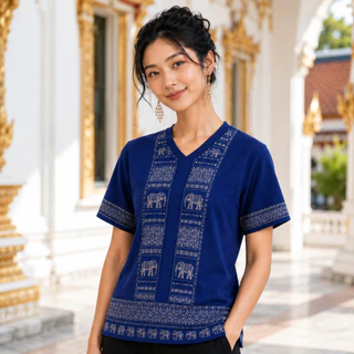 เสื้อพื้นเมืองไทยคู่ชายหญิง สีกรมท่า ลายช้างไทย เสื้อชาติพันธุ์คอวีแขนสั้น ผ้านุ่มใส่สบาย แฟชั่นไทยประยุกต์ ใส่เที่ยววัด