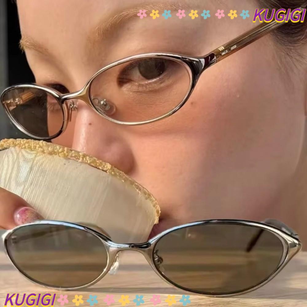 KUGIGI Y2K แว่นตา, แว่นตากันแดดกันแดดทรงรีสไตล์เกาหลี, แฟชั่น Sweet Cool Steampunk กรอบโลหะ Shades แว่นตาท่องเที่ยว