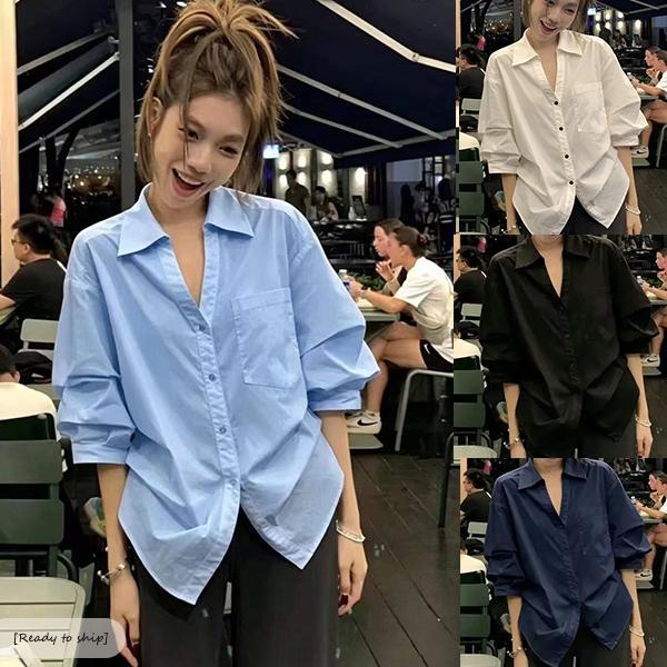 MIMI-เสื้อเชิ้ตสีน้ำเงินแขนสั้นสำหรับผู้หญิง ไซส์ใหญ่ มีปก ทรงเข้ารูปช่วงเอว สวมใส่สบาย ฤดูใบไม้ร่วง#99470