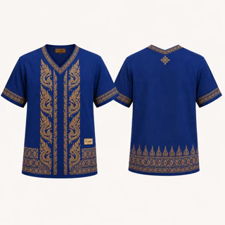 เสื้อชาติพันธุ์ไทย CNM Thai Style สำหรับชายหญิง คอวีแขนสั้น ลายพญานาคคู่สีทอง แนวไทยร่วมสมัย ผ้านุ่มเบาสบาย ใส่เที่ยววัด