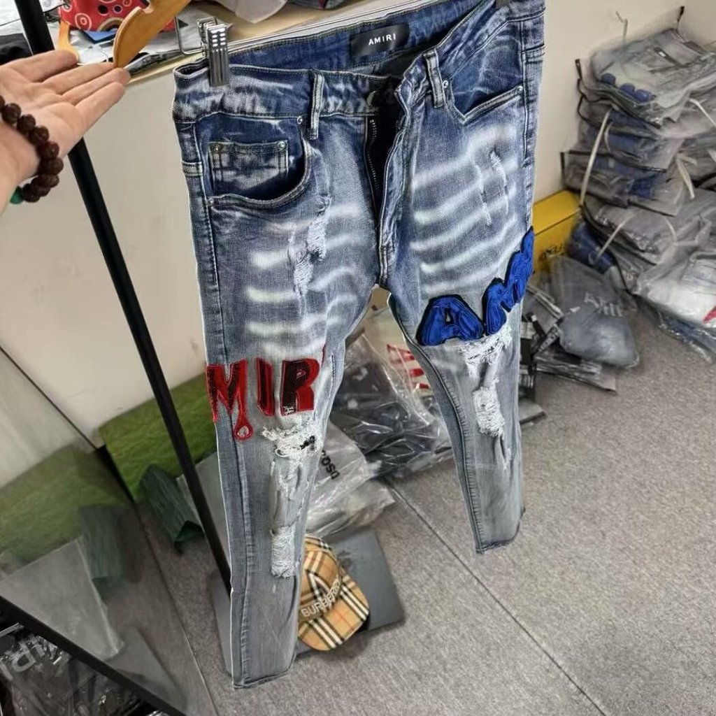 Sequined AM Ripped Jeans All-Match Slim-fit Skinny Pants กางเกงอินเทรนด์ Amiri กางเกงยีนส์ UZ2