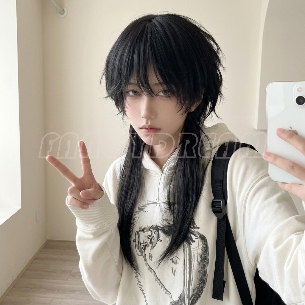 Unisex Jellyfish Wolf Cut Mullet วิกผมยาวสังเคราะห์ 60 ซม. หนังศีรษะธรรมชาติ